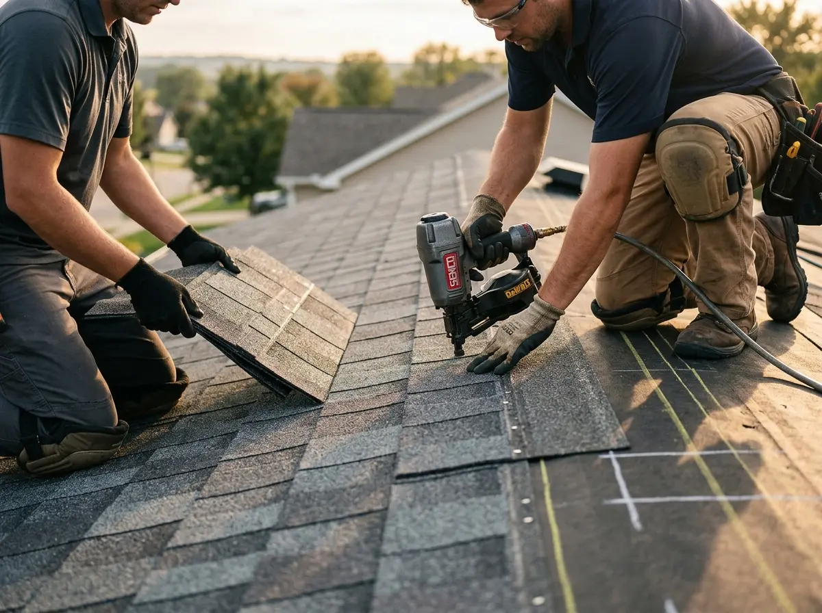 Professional roofer working on a residential roof in Pleasant View